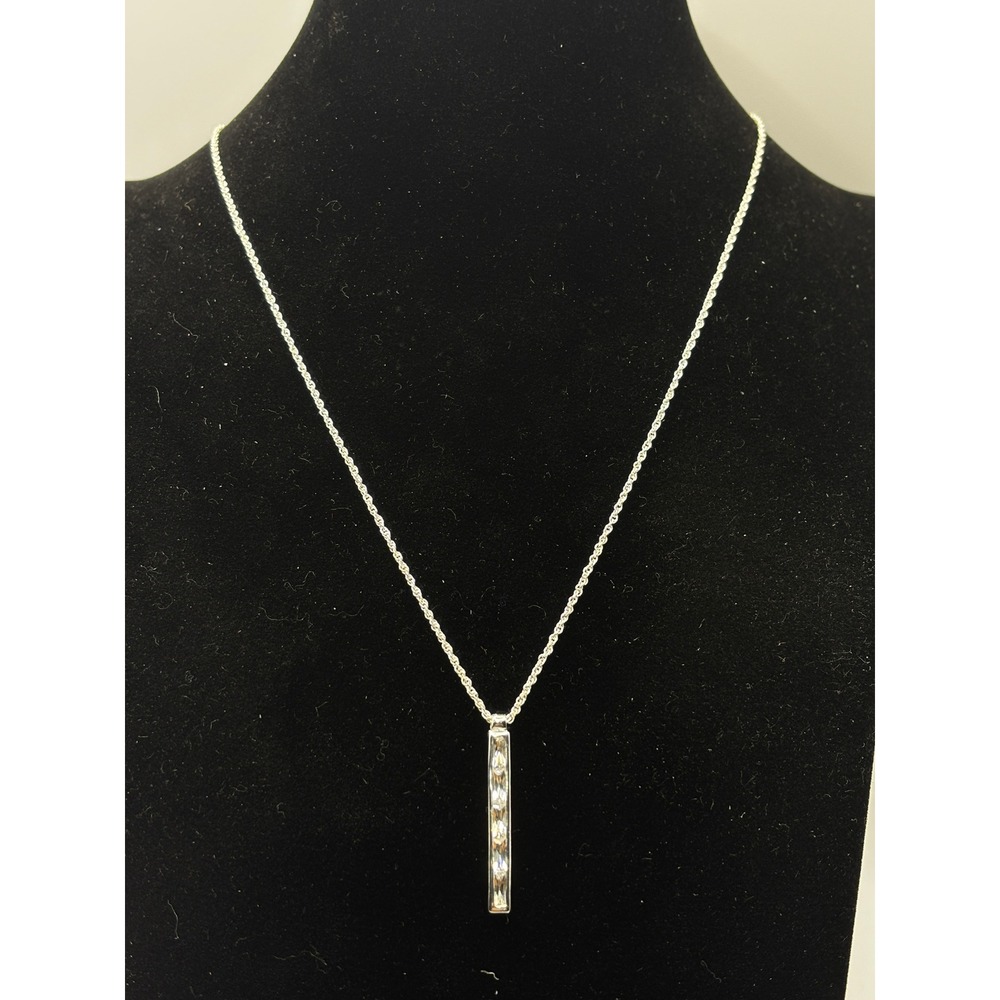 Nine West Necklace Women OS Silver Cubic Zirconia Vertical Bar Pendant NWT